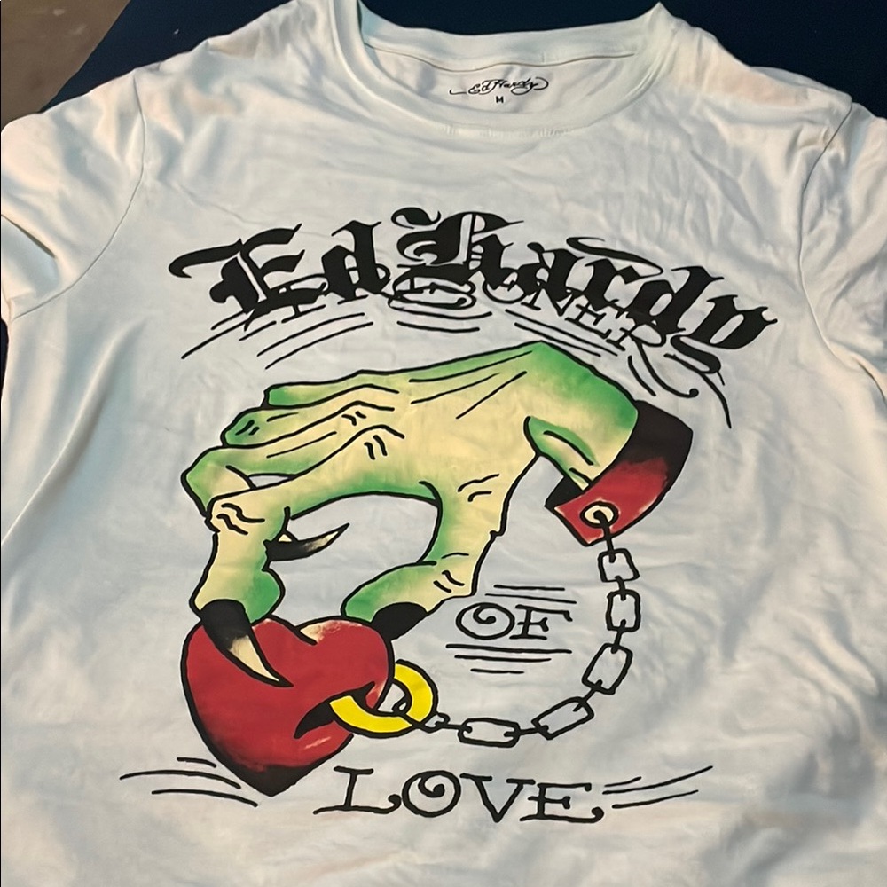 Ed Hardy White Tee with Green and Red Graphic